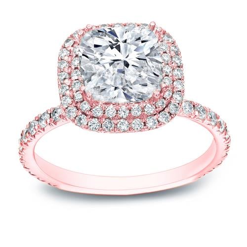 Cushion Cut Diamond Double Halo Engagement Ring In 14k Rose Gold