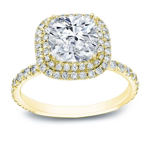 Cushion Cut Diamond Double Halo Engagement Ring In 14k Yellow Gold
