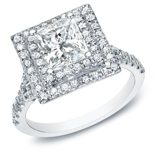 Princess Cut Diamond Double Halo Engagement Ring In 14k White Gold